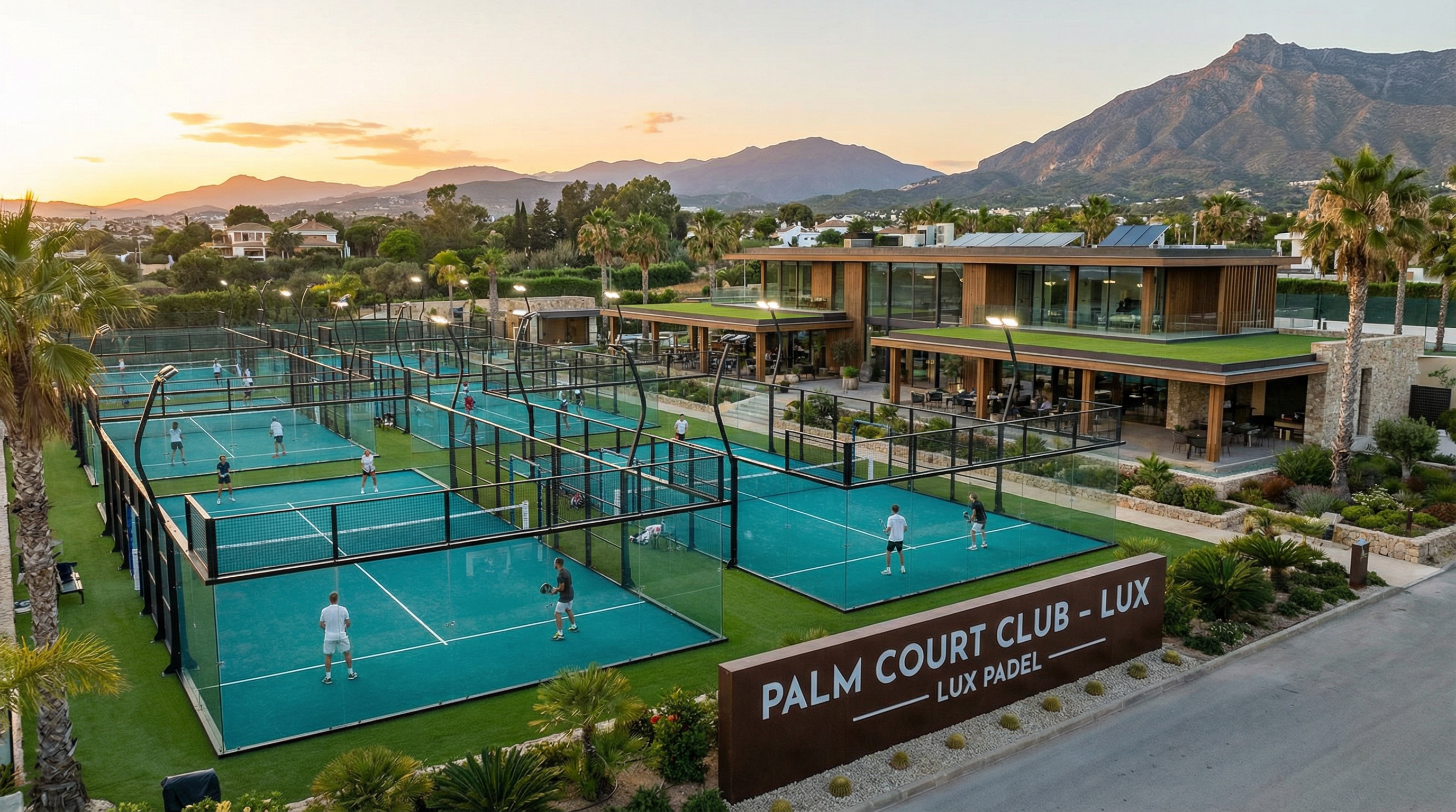 Completed luxury multi-court padel facility at golden hour