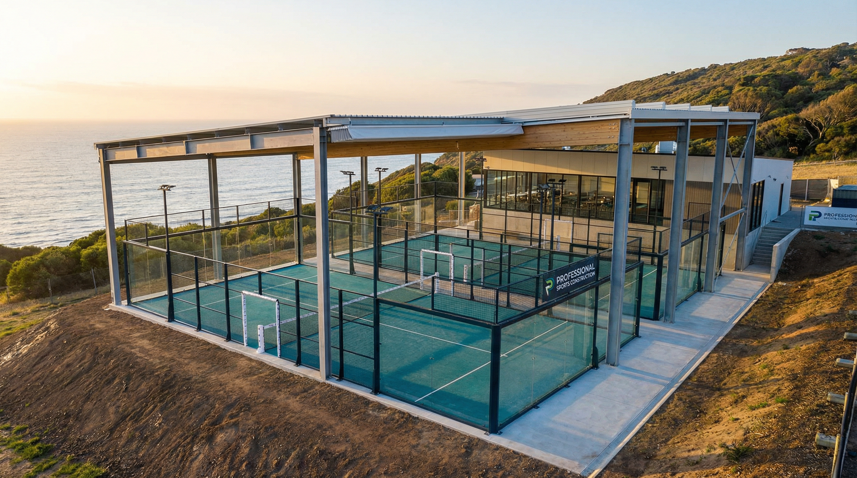 Completed standard padel court with coastal views